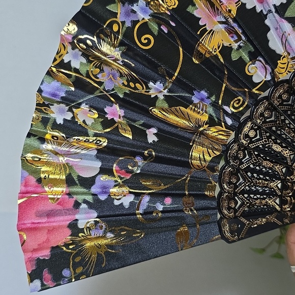 Black Gold Butterfly Floral Design Folding Hand Fan New - Picture 5 of 5